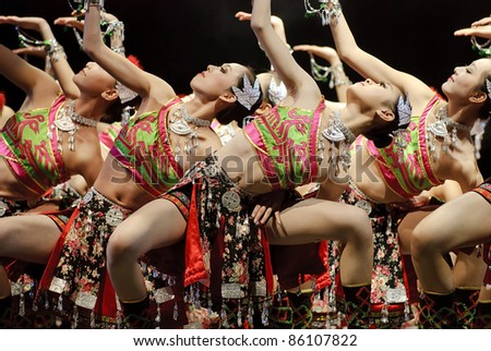 CHENGDU - DEC 12: Chinese dancers perform modern group dance on stage at JINCHENG theater in the 7th national dance competition of china on Dec 12,2007 in Chengdu, China.