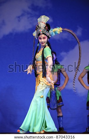 CHENGDU, CHINA - JULY 23: Chinese opera actress performs traditional drama onstage at Arts Academy theater of Sichuan on July 23, 2010 in Chengdu, China.