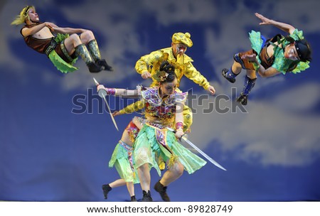 CHENGDU, CHINA - JULY 23: Chinese opera actors perform traditional drama onstage at Arts Academy theater of Sichuan on July 23, 2010 in Chengdu, China.
