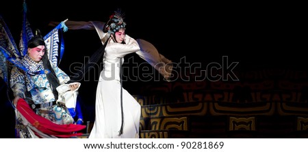 CHENGDU - OCT 26: Chinese opera actors perform traditional drama onstage at Jinsha theater.Oct 26, 2008 in Chengdu, China. The leading role is the famous opera actor Lin Weilin.