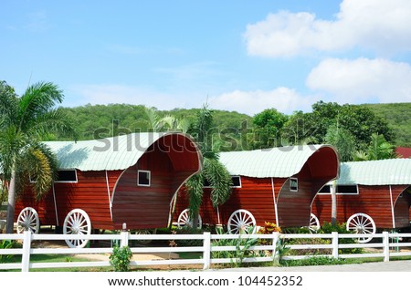 Cowboy camp house cart with nature background, House in cowboy style