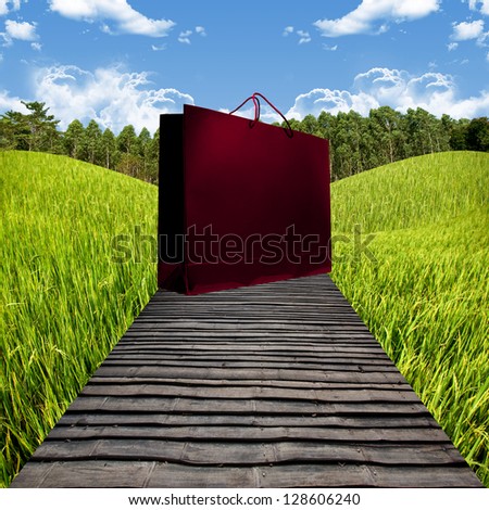 Shopping travel package concept, Shopping bag on nice landscape