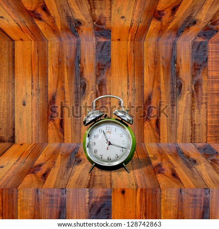 Alarm clock inside wooden shelf, Time concept