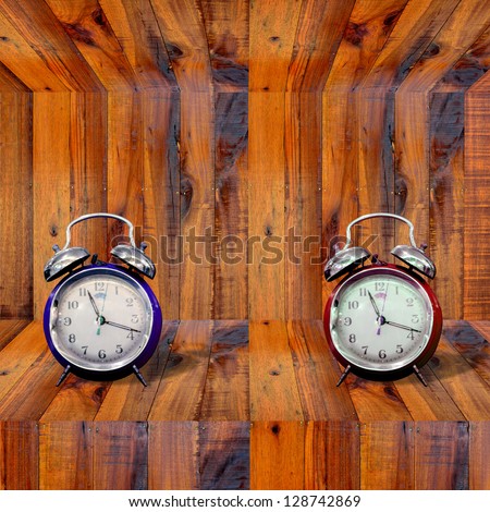 Alarm clock inside wooden shelf, Time concept