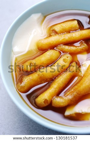 Tofu Dessert, Bean junket eaten hot with gingered sirup and mini deep-fried dough stick