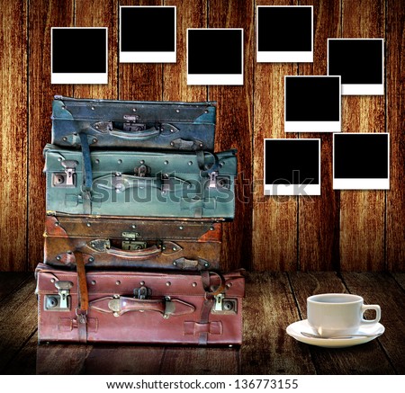 Good memories concept, Vintage travel luggage with hot coffee cup