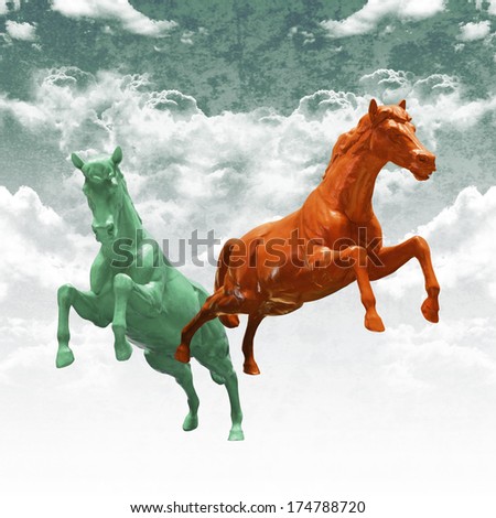 Colorful horse running on cloud in vintage style