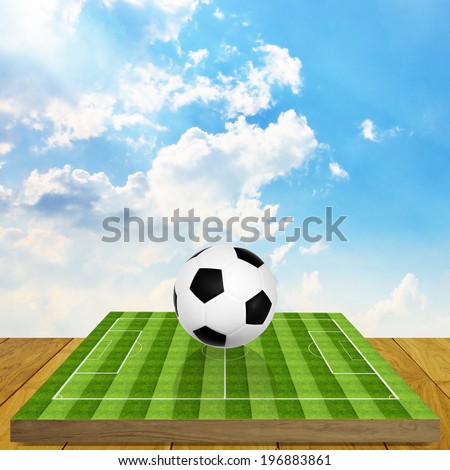 Ball on soccer field board game with sky background, Soccer game concept