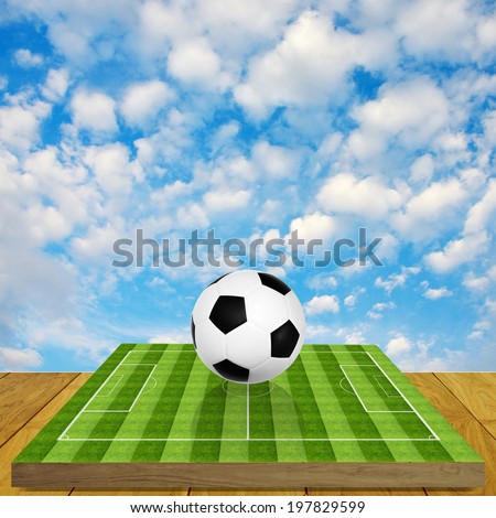 Ball on soccer field board game with sky background, Soccer game concept