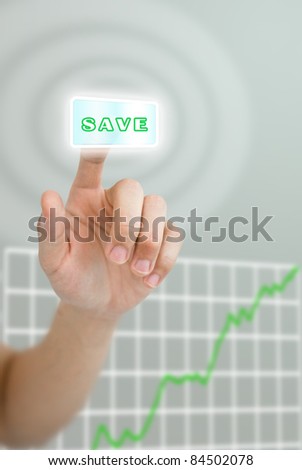 Hand pushing save button with grown up graph of stock market