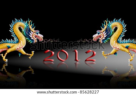 Dragons statue with 2012 number, New year greeting card background