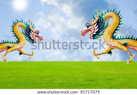 Golden dragon flying over the fields with nice sky background