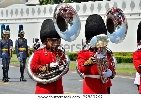 BANGKOK THAILAND - APRIL 9 : Soldier march band on April 9, 2012  in The Royal Funeral of HRH Princess Bejaratana Rajasuda of Thailand