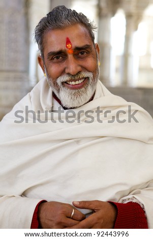 RAJASTHAN, INDIA - JANUARY 26:Unidentified Jain priest inside Ranakpur temple on January 26, 2011 in Rajasthan, India. Jain is a religion in India.