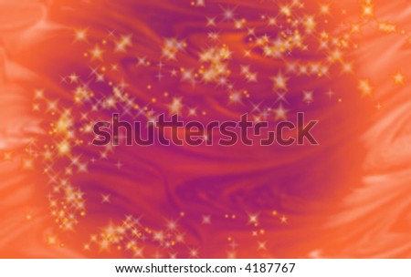 Orange and blue colored abstract background to look like flowing silk with gold stars.