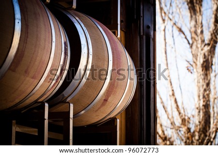 Large French Oak Wine Barrels on a Rack beside a roll up door at a winery