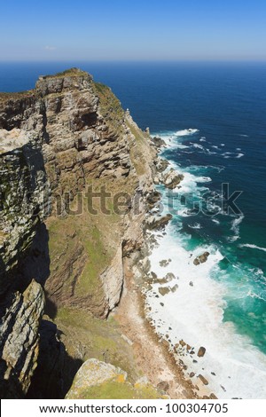Steep, rugged cliffs of Cape Point near Cape of Good Hope, Cape Peninsula, Western Cape, South Africa.