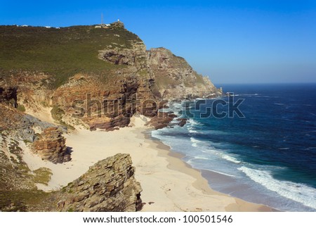 Dias Beach and the rugged cliffs between Cape Point and Cape of Good Hope, Table Mountain National Park, Cape Peninsula, Western Cape, South Africa.