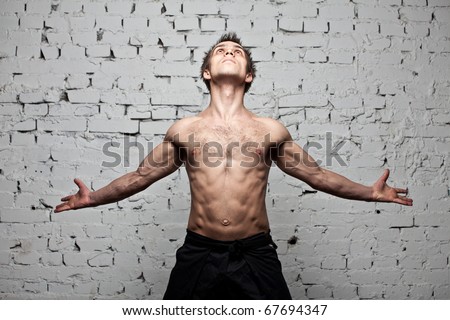 muscular man freedom fly at brick background