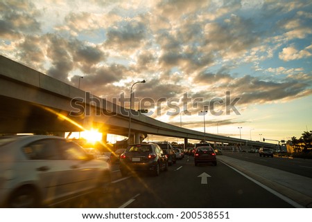 In the evening, a busy highway