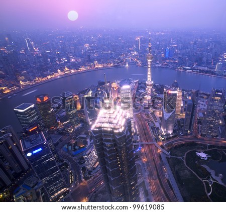 Dusk bird\'s eye view of Shanghai Pudong