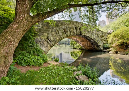 A stone bridge, Gapstow Bridge, in Central Park, NY.