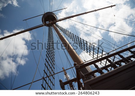 Mast and rigging on a sailing wooden ship.