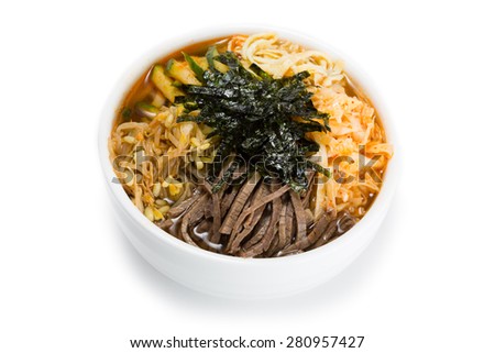 Cooksey - a Korean national dish of thin noodles, broth, with the addition of a variety of cooked vegetables and meat. From a series of Food Korean cuisine.