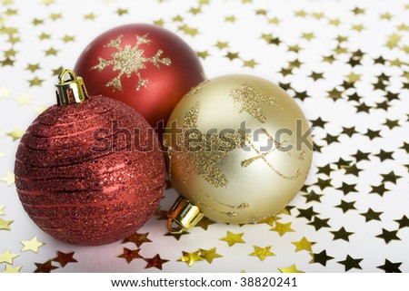 Christmas Balls and gold decoration stars.