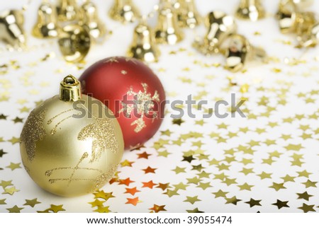 Christmas Balls and gold decoration stars, bells.