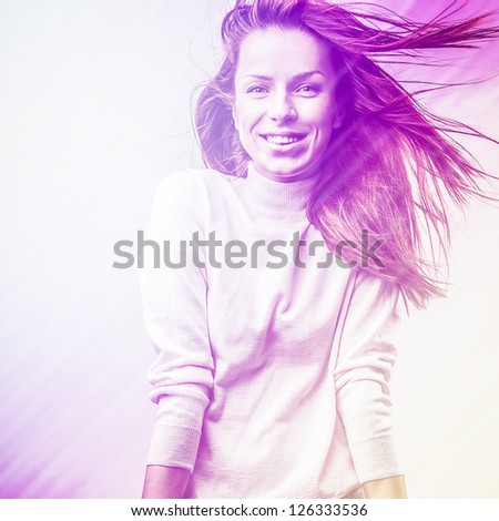 Beautiful sensual fashion woman. Multicolored pop art photo toned purple.