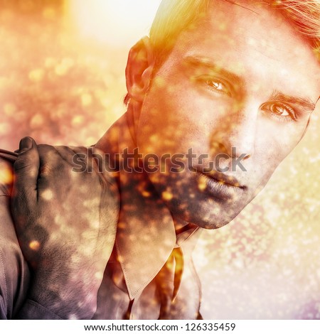 Multicolored digital painted image portrait of elegant young handsome man.