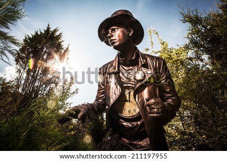Image of watchmaker in bright fantasy stylization. Outdoor fairy tale art photo.