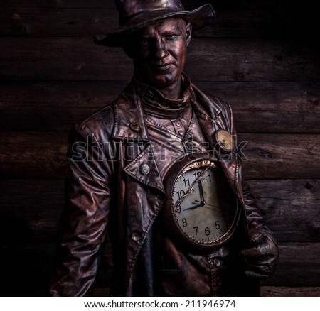 Image of watchmaker in bright fantasy stylization. Fairy tale art photo on grunge wooden background.