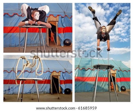 Circus acrobat with a plastic body executes his tricks. Collage from 3 Photos.
