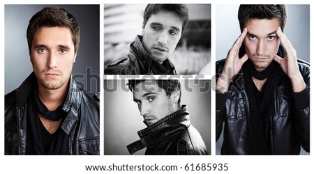 Closeup portrait of sensual man with beautiful face and eyes. Ã�Â¡ollage from 4 photos.