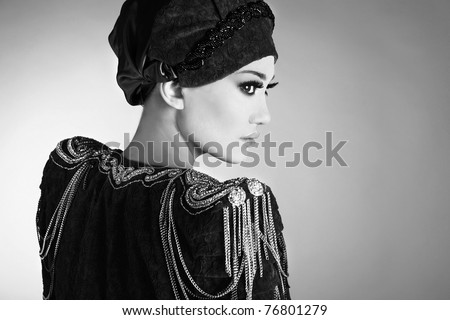 Attractive model in exclusive design clothes on manners old-slavic. Black&White photo.