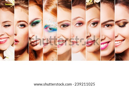Beauty collage. Faces of women. Fashion models with Makeup.