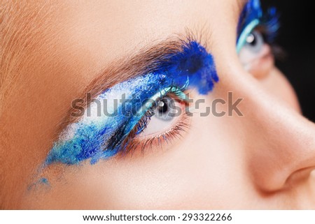 Close-up view of female blue eye with beautiful make-up. Perfect Make-up closeup.
