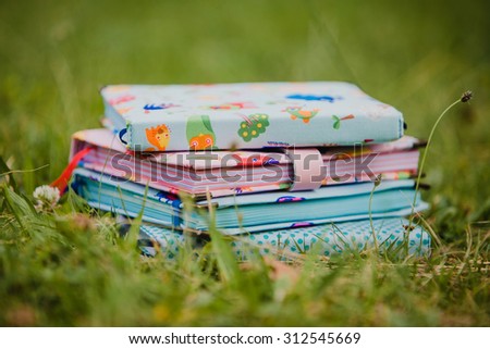Set of colorful handmade notebooks lying on the green grass