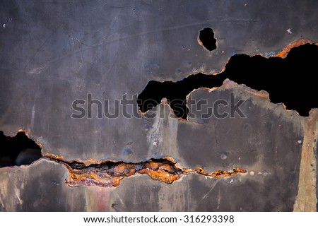 Background of metal with rusty hole and flaking paint. Rust on steel background