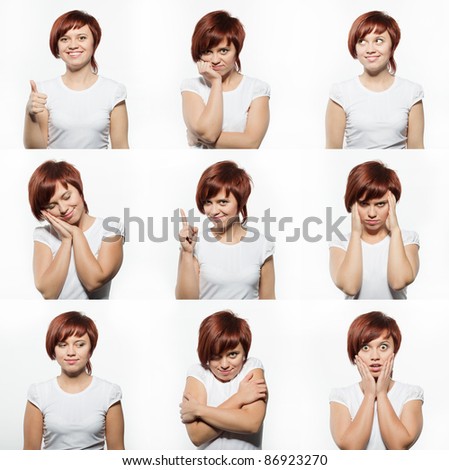 Collage Of Young Woman Face Expressions Composite Isolated On White ...