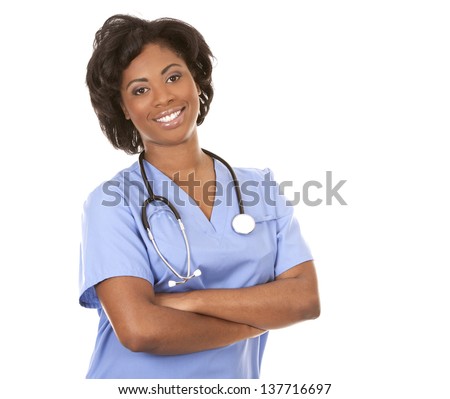 black nurse wearing scrubs on white isolated background