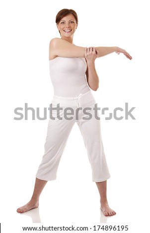 pretty brunette in white active wear on white background