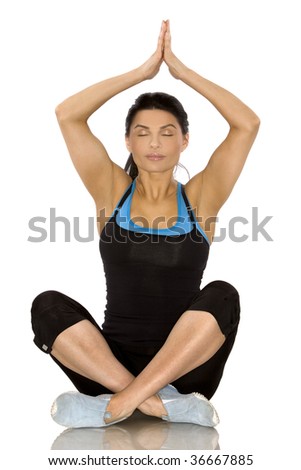 pretty brunette wearing sport outfit on white background