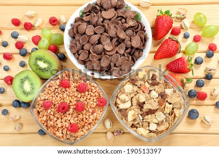 Healthy whole grain chocolate muesli and bran breakfast with fruits
