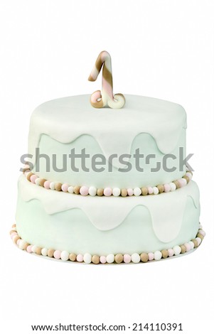 First birthday cake on white background