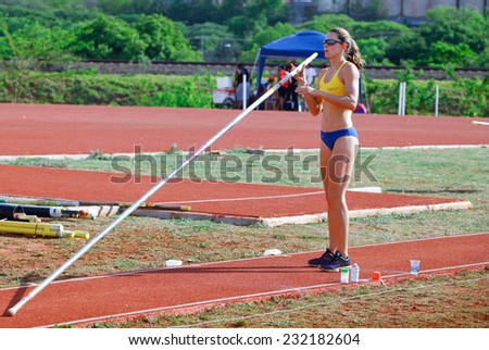 BAURU, SAO PAULO, BRAZIL - 19th NOVEMBER 2014: Brazil Olympic Committee chose the best athletes in each of the 43 sport modalities. Fabiana Murer was elected the best of the athletics. POLE VAULT.