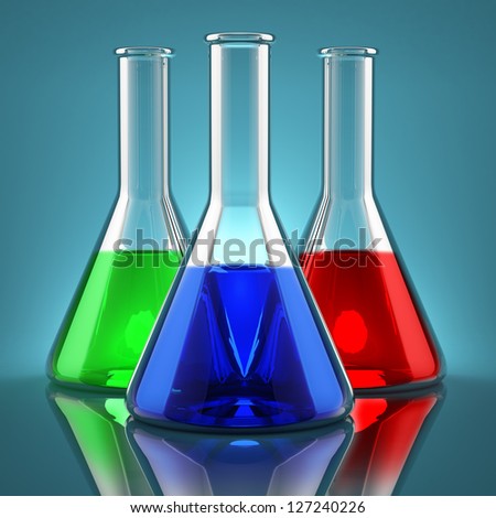 Chemicals of different colors in laboratory flasks