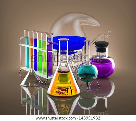 Chemical Reagents. Various chemical vessels with colored chemicals symbolize science